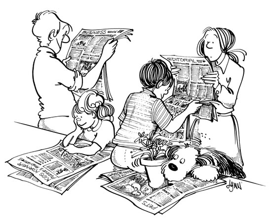 The Pattersons reading the newspaper together.