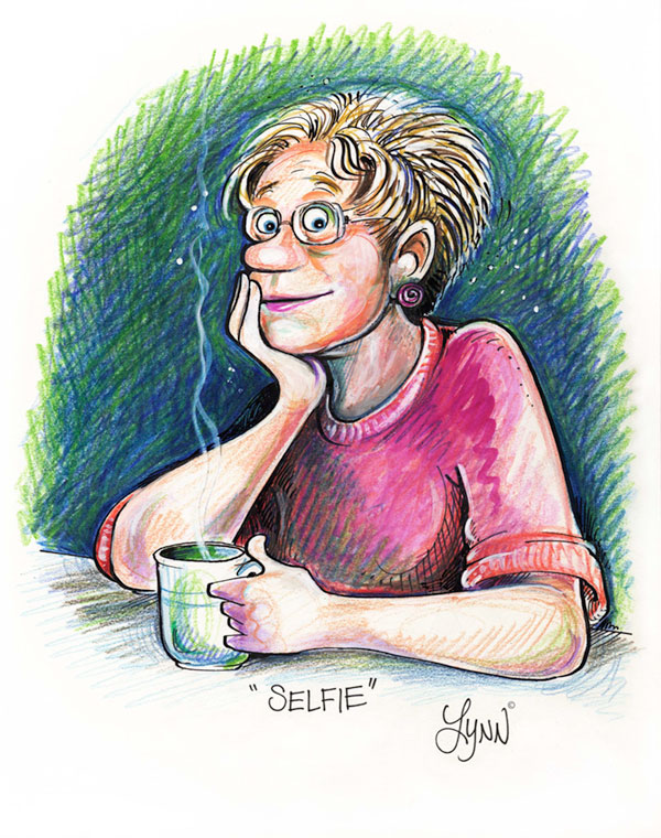 Lynn's self-portrait with a cup of coffee.