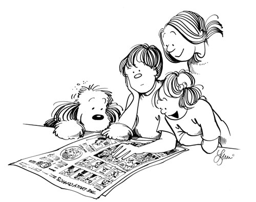 Elly and Elizabeth read the comics page over Michael's shoulder.