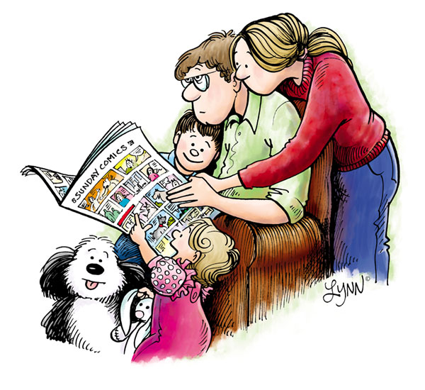 The family reads the comics page over John's shoulder.