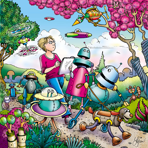 Lynn walking on the Alottabotz planet.